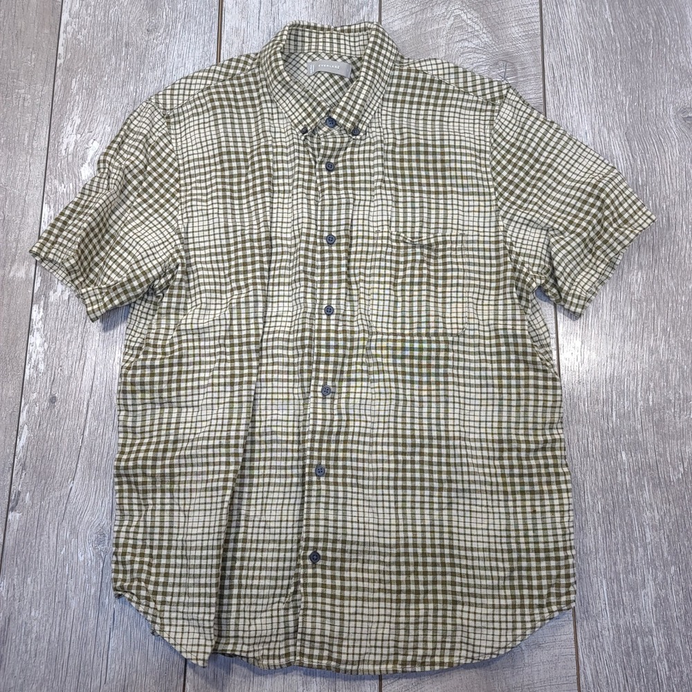 Everlane Button Shirt Mens L Green Checkered Short Sleeve 100% Linen Top
